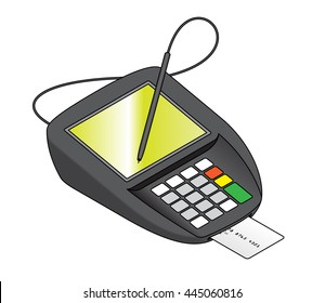 A point of sale pin pad / terminal with a signature screen and attached stylus; with a card inserted in the smart chip reader slot.