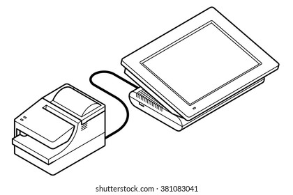Point of sale (POS) equipment: Point of sale (POS) equipment: a touchscreen cash register connected to a receipt printer.