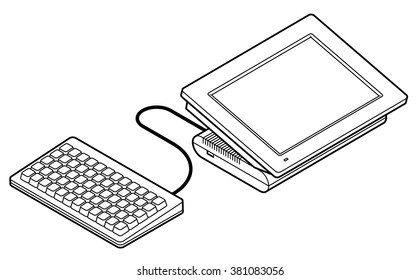 Point of sale (POS) equipment: a touchscreen cash register connected to an external keypad / keyboard.