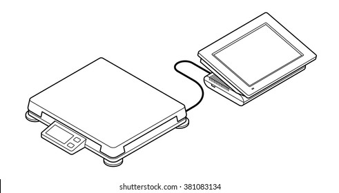 Point of sale (POS) equipment: a touchscreen cash register connected to an electronic balance / scales.