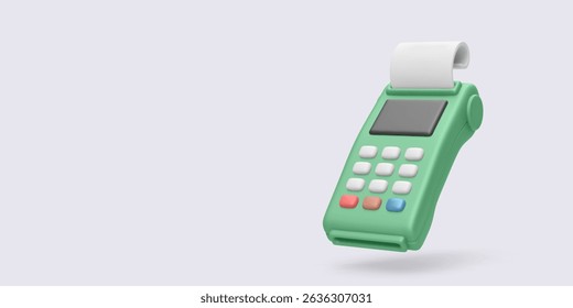 Point of Sale Terminal with Receipt and Colorful Buttons on Light Background. Ideal for Payments, Shopping, and Retail Finance Concepts. Realistic and Minimal Vector Illustration in 3D Style.