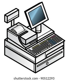 A point of sale terminal (white version) with customer display, LCD monitor, keyboard, printer and cash drawer.