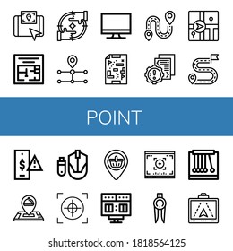point simple icons set. Contains such icons as Gps, Evacuation plan, Focus, Route, Monitor, Maps, Destination, Error, Navigator, Risk, Location, can be used for web, mobile and logo