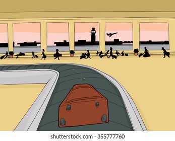 Point of view cartoon of single suitcase on baggage carousel