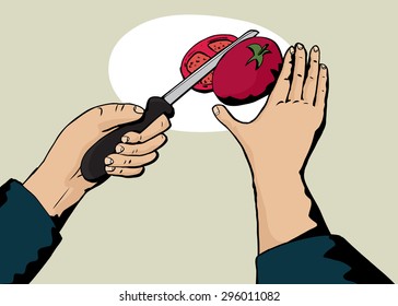 Point of view with chef hands chopping a tomato