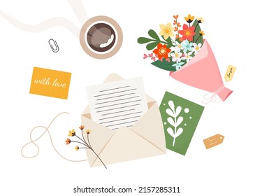 Vista superior del sobre, carta, taza de café, postales, ramo de flores aislado sobre fondo blanco. Desempacar y leer cartas románticas con postales. Ilustración vectorial plana