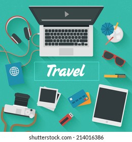 Point of View Flat Design Illustration: Travel. Icons set of lifestyle items, elements and gadgets.