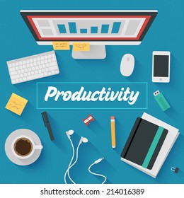 Point of View Flat Design Illustration: Productive office workplace. Icons set of business work flow items, elements and gadgets.