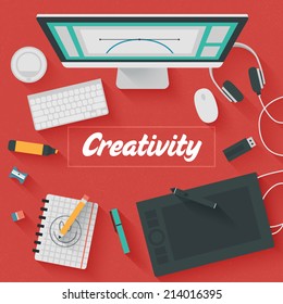 Point of View Flat Design Illustration: Creative office workplace. Icons set of business work flow items, elements and gadgets.