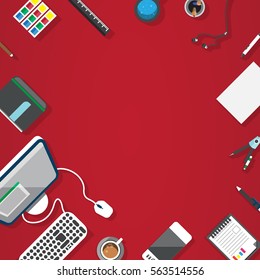 Point of View Flat Design Illustration: Creative office workplace. Icons set of business work flow items, elements and gadgets. Copy space.