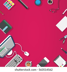 Point of View Flat Design Illustration: Creative office workplace. Icons set of business work flow items, elements and gadgets. Copy space.