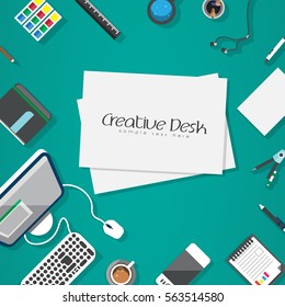 Point of View Flat Design Illustration: Creative office workplace. Icons set of business work flow items, elements and gadgets. Copy space.