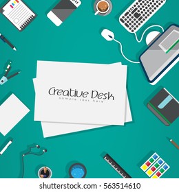 Point of View Flat Design Illustration: Creative office workplace. Icons set of business work flow items, elements and gadgets. Copy space.