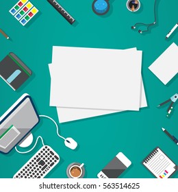 Point of View Flat Design Illustration: Creative office workplace. Icons set of business work flow items, elements and gadgets. Copy space.