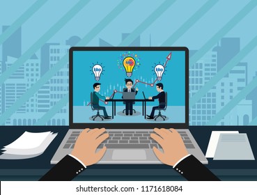 point of view hand typing modern keyboard on notebook. In the screen businessman three in workspace sit at the desks with notebook with light bulb over his head. creative idea. leadership