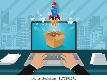 point of view hand typing modern keyboard. think outside the box. space shuttle ejected from the computer screen. startup business concept. creative idea. leadership. vector illustration