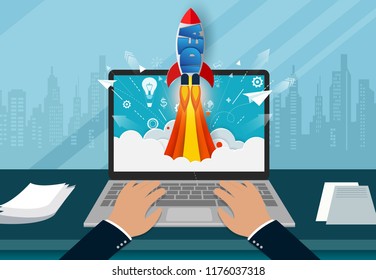 point of view hand typing modern keyboard on notebook. space shuttle ejected from the computer screen. creative idea. business finance concept. leadership. Vector illustration