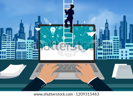 point of view hand typing modern keyboard on notebook. One businessman climbed the stairs to the on sky. concept of business advancement and higher success and leadership in the highest organization
