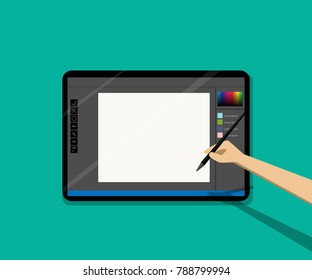 Point of view, Man drawing on empty tablet by pen, vector