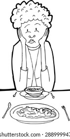 Point of view outline illustration of sad woman eating lunch