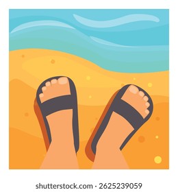 Point of view of a person standing on a beach wearing sandals with the ocean in the background