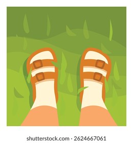 Point of view of a person wearing sandals standing on a lawn