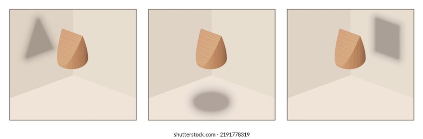 Point of view symbol, matters of opinion. Three different perspectives of a wedge shaped wooden object that casts a round, a triangular and a square shadow on walls and floor. Vector illustration.
