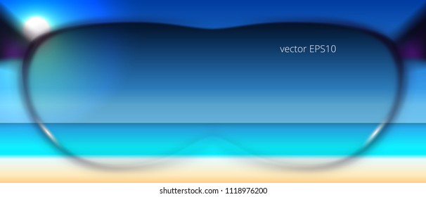Point of view through the matte black polarized sunglasses. Sight at sunny seascape through eyewear with blurred frame of rim. Realistic vector, transparent gradient mesh. Travel and fashion theme.