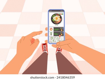 Point of view walking man hand holding looking smartphone with application order food vector illustration flat