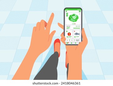 Punto de vista mujer caminante mano sujetando un smartphone de apariencia con la aplicación de alimentos ilustración vectorial plano