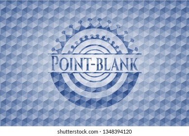 Point-blank blue badge with geometric pattern background.