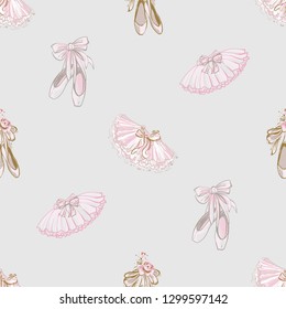 Pointe ballet shoes and ballerina tutu skirt seamless pattern. Hand drawn vector sketch. Gold and pink vintage watercolor illustration on white background. Baby fashion design.