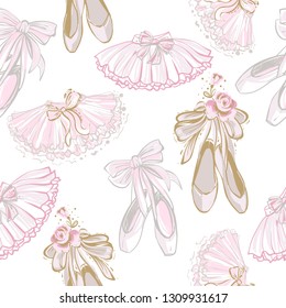 Pointe ballet shoes and ballerina tutu skirt seamless pattern. Hand drawn vector sketch. Gold and pink vintage watercolor illustration on white background. Baby fashion design.