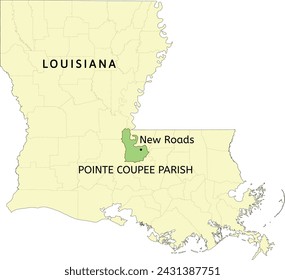 Pointe Coupee Parish and city of New Roads location on Louisiana state map