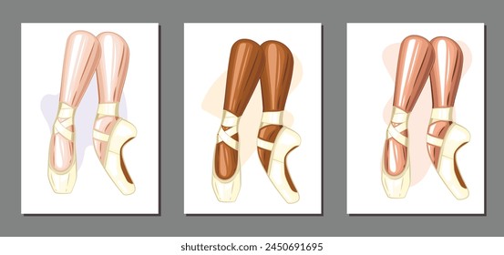 Pointe shoes. Ballerina illustration, Gymnastics girl. Ballet shoe set. Hand drawn vector art work isolated on white background