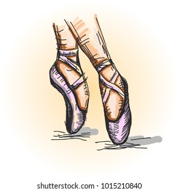 Pointe shoes. Ballerina performs ballet. Hand-painted vector illustration. 