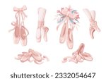 Pointe shoes of ballerina set vector illustration. Cartoon isolated ballet dancer legs in silk slippers dance on rehearsal, pair of footwear hang on ribbon and bow, accessory with summer flowers
