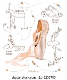 
Pointe shoes. Pointe shoes for ballet dance. Vector drawings of a ballerina in motion in a dance. Delicate pearl colors. Dance school shoes.