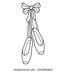 Pointe shoes with a bow. Black and white vector illustration. Coloring.