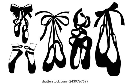 Pointe shoes bundle stencil template silhouette set of ballet shoes in classic positions isolated on white background