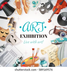 Pointe shoes camera theatrical masks binoculars palette paper and feather violin around lettering art exhibition vector illustration