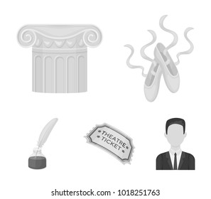 Pointe shoes, column, theater ticket, inkwell with feather. Theater set collection icons in monochrome style vector symbol stock illustration web.