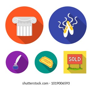 Pointe shoes, column, theater ticket, inkwell with feather. Theater set collection icons in flat style vector symbol stock illustration web.