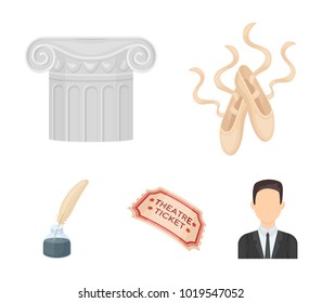 Pointe shoes, column, theater ticket, inkwell with feather. Theater set collection icons in cartoon style vector symbol stock illustration web.
