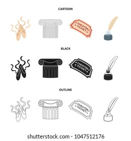 Pointe shoes, column, theater ticket, inkwell with feather. Theater set collection icons in cartoon, black, outline style vector symbol stock illustration web.