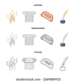 Pointe shoes, column, theater ticket, inkwell with feather. Theater set collection icons in cartoon,outline,monochrome style vector symbol stock illustration web.