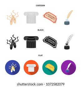 Pointe shoes, column, theater ticket, inkwell with feather. Theater set collection icons in cartoon,black,flat style vector symbol stock illustration web.