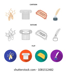 Pointe shoes, column, theater ticket, inkwell with feather. Theater set collection icons in cartoon,outline,flat style vector symbol stock illustration web.