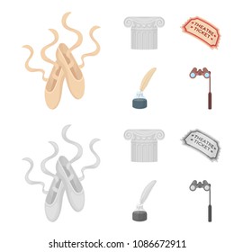 Pointe shoes, column, theater ticket, inkwell with feather. Theater set collection icons in cartoon,monochrome style vector symbol stock illustration web.