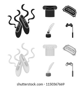 Pointe shoes, column, theater ticket, inkwell with feather. Theater set collection icons in black,monochrom style vector symbol stock illustration web.